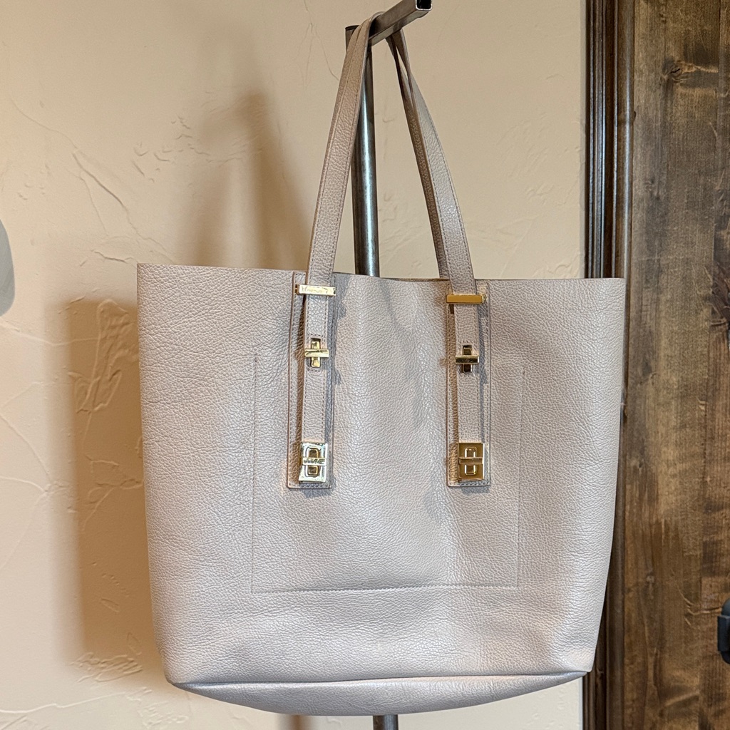 India Hicks Pebbled Leather Tote In Light Taupe With Gold Hardware